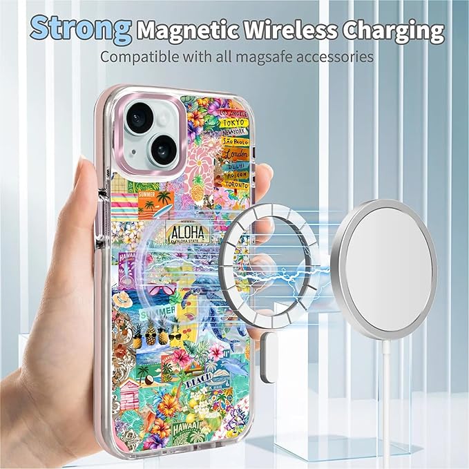 Case for iPhone 13/14,[Compatible with MagSafe],Hawaii Aloha Cover Coastal Beach Collage Phone Case Design，for Women Girls Magnetic Clear Cover - Slim, Sleek, & Shockproof Protection