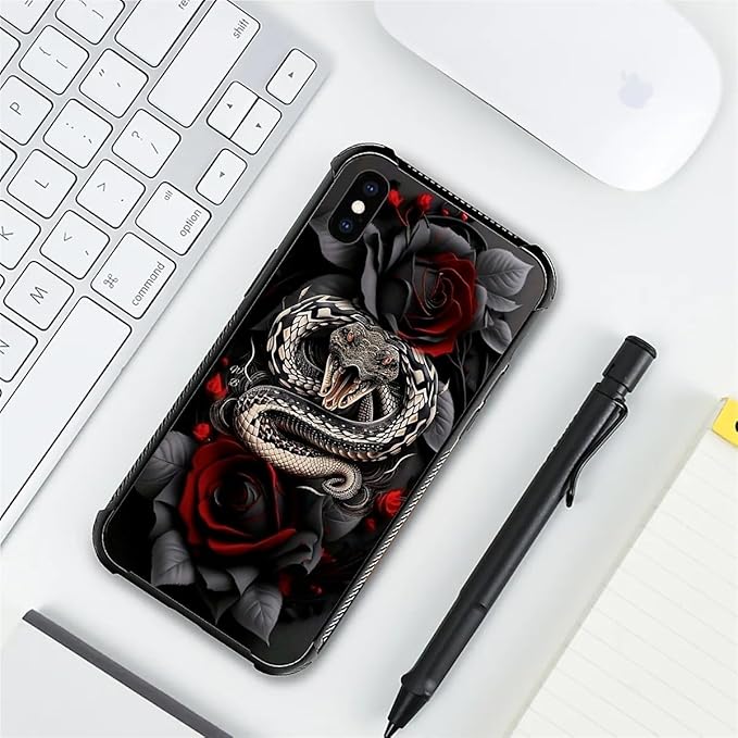 for iPhone X/Xs Case, Entwined Rose Snake Pattern Graphic Design Girl Boy Soft Silicone Hard Acrylic Shock Protection for iPhone X/Xs