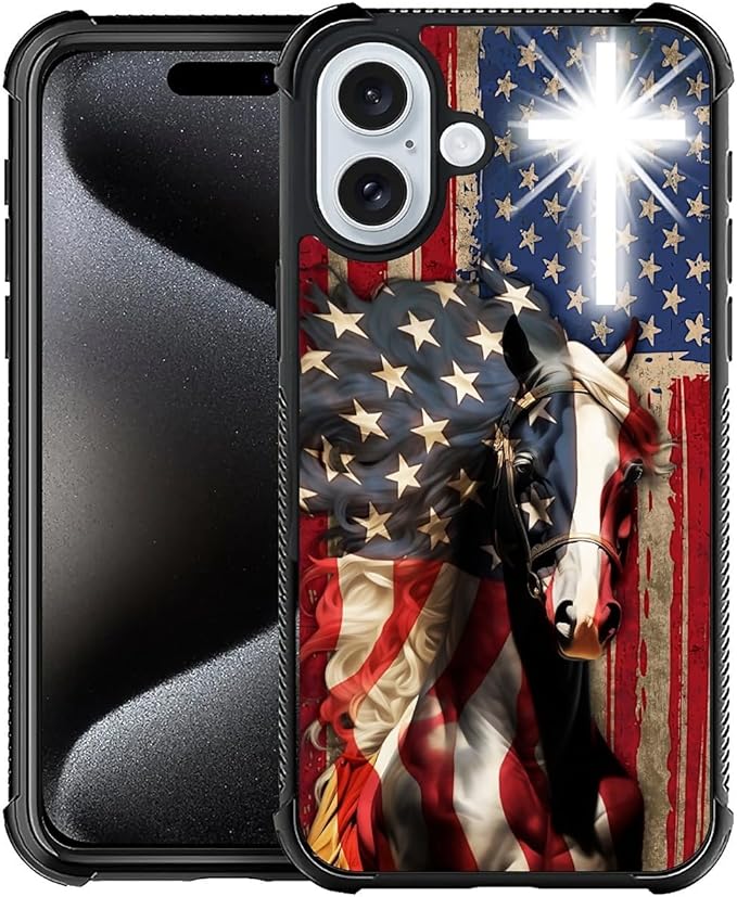 for iPhone 16 Plus Case, Red American Flag Horse Cross Pattern Graphic Design Girl Boy Soft Silicone Hard Acrylic Shock Protection for iPhone 16 Plus