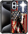 for iPhone 16 Plus Case, Red American Flag Horse Cross Pattern Graphic Design Girl Boy Soft Silicone Hard Acrylic Shock Protection for iPhone 16 Plus