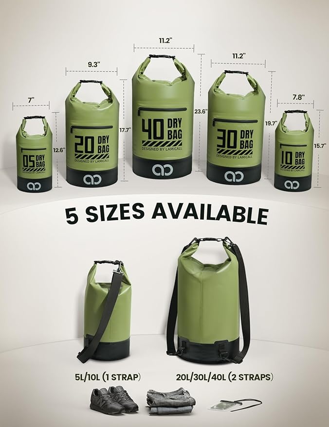 Lamicall Waterproof Dry Bag with Phone Pouch, Floating Roll Top Backpack, 20L, Green