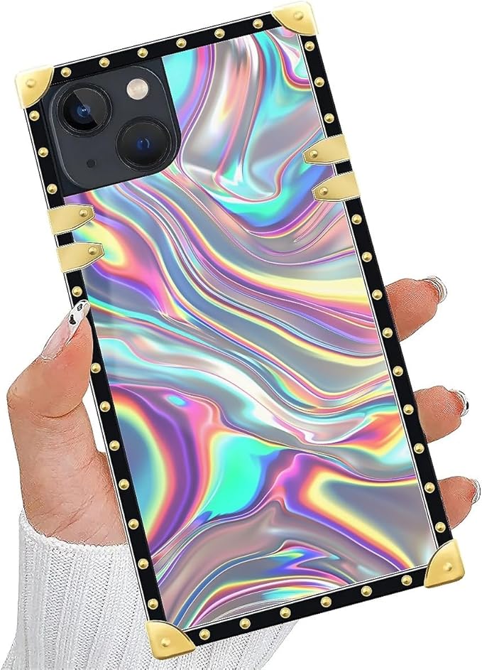 Compatible with iPhone 15 Case, Holographic Abstract Iridescent Textures Luxury Golden Decoration for Girl Women Soft TPU Shockproof Protective Hard PC Back for iPhone 15