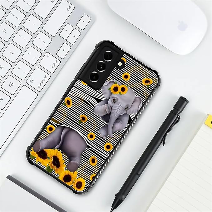 for Samsung Galaxy S21 Plus Case, Cute Little Elephant Sunflower White Line Art Pattern Graphic Design Soft Silicone Hard Acrylic Shock Protection for Samsung Galaxy S21 Plus