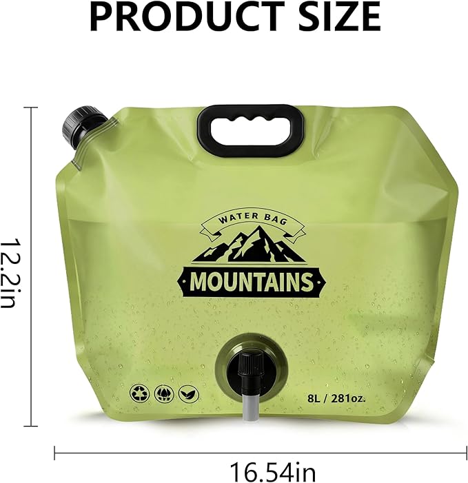 8L Collapsible Water Bag BPA-Free Foldable Water Container Leakproof Portable Water Jug Emergency Water Storage Carrier for Camping Hiking Backpacking RV Travel Fishing Outdoor Survival Gear Green