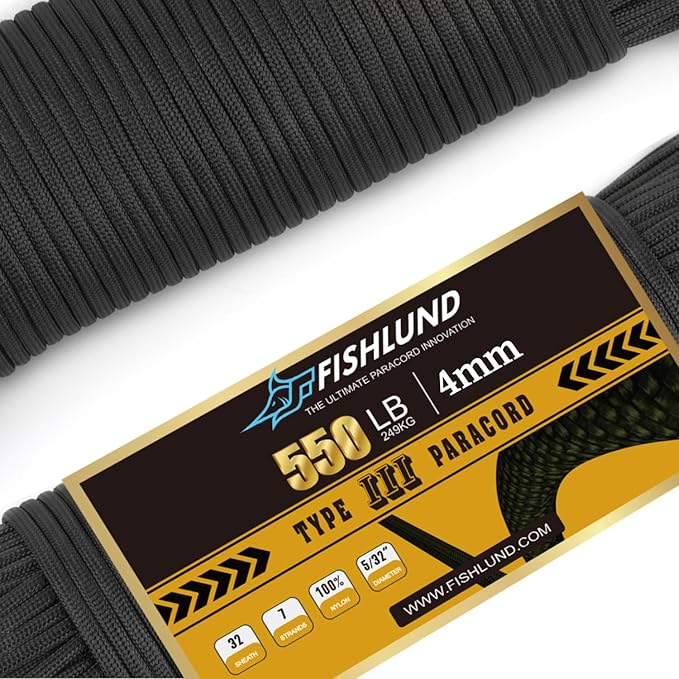Paracord 550 lb, 7 Strand Paracord Rope 50ft 4mm, Nylon Parachute Cord for Camping, Black