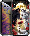 for iPhone X/Xs Case, Black White Wolf Moon Flower Rose Pattern Made of Soft Silicone Hard Acrylic Shock Protection for iPhone X/Xs