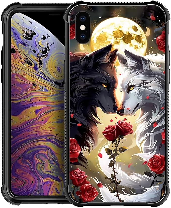 for iPhone X/Xs Case, Black White Wolf Moon Flower Rose Pattern Made of Soft Silicone Hard Acrylic Shock Protection for iPhone X/Xs