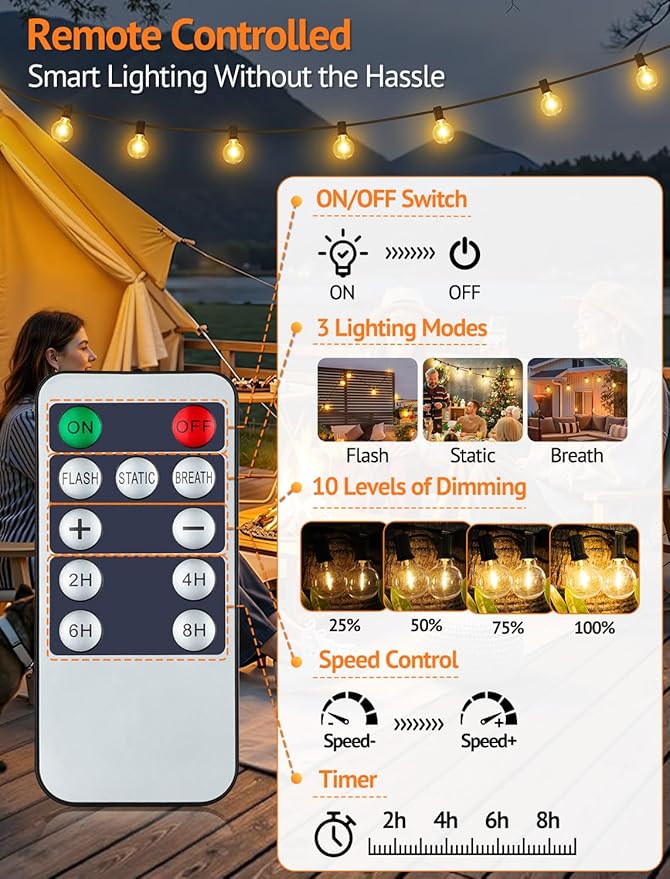 Larkvue 100FT(4x25FT) Solar String Lights Outdoor with Remote, Waterproof Dimmable 3 Modes Patio Light with 40+3 LED G40 Bulbs for Camping Porch-Black