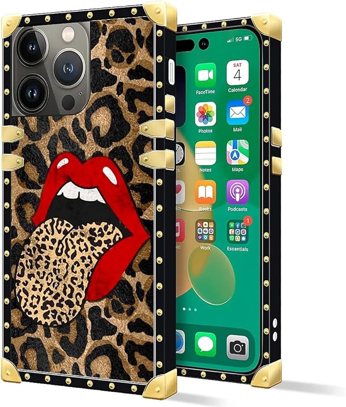 Compatible with iPhone 14 Pro Case, Brown Leopard Print Mouth Luxury Golden Decoration for Girl Women Soft TPU Shockproof Protective Hard PC Back for iPhone 14 Pro