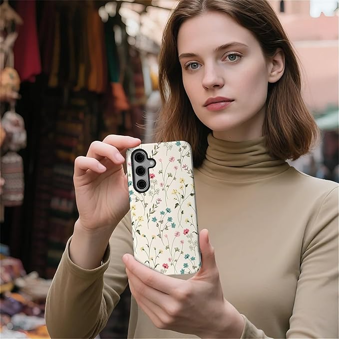 for Samsung Galaxy S24 Plus Case,HL2 Beige Flower Branch Hybrid 2 Layer Hard Shell Silicone Protective Pattern Design Case