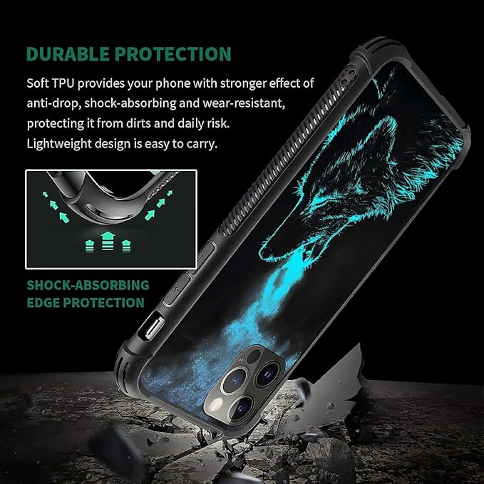 for iPhone 11 Pro Case, Blue Breathing Wolf Pattern Graphic Design Girl Boy Soft Silicone Hard Acrylic Shock Protection for iPhone 11 Pro