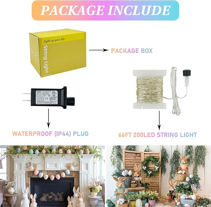 66Ft 200 LED Easter Pastel Fairy Lights Plug in, Pastel String Lights 8 Modes with Timer for Outdoor & Indoor, Waterproof Twinkle Light for Bedroom Girl's Room Garden Patio Party Easter Decorations