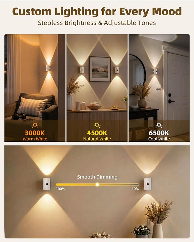EZVALO Motion Sensor Wall Sconces, Battery Operated Wall Lights with 4000mAh Rechargeable Battery, 3 CCT & 12 RGB Remote LED Lights for Hallway, Stairway (White, 2 Pack)