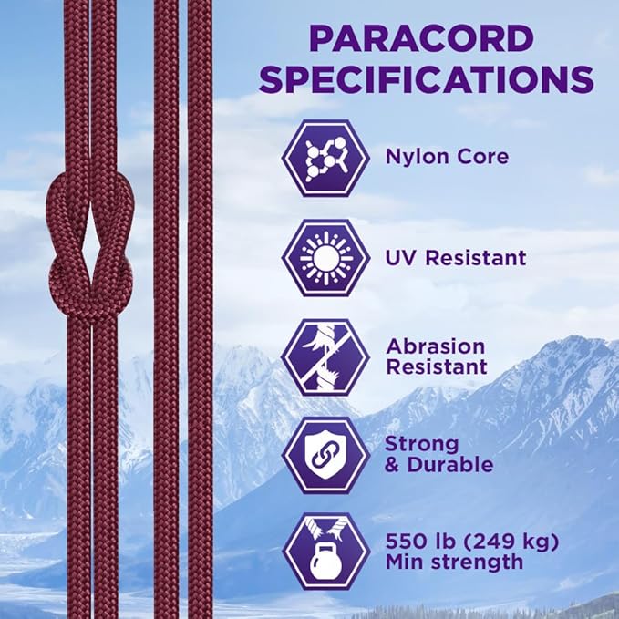 TECEUM Paracord Type III 550 Burgundi – 50 ft – 4mm – Tactical Rope MIL-SPEC – Outdoor para Cord –Camping Hiking Fishing Gear and Equipment – EDC Parachute Cord – Strong Survival Rope 067gd