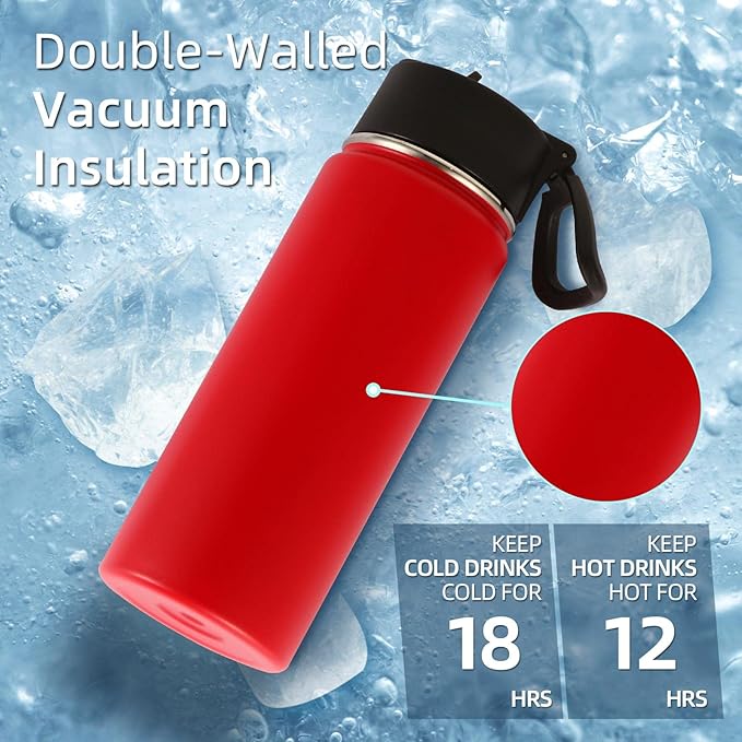 Volhoply 18oz Insulated Water Bottle Bulk 8 Pack,Kids Stainless Steel Water Bottles with Straw,Double Wall Vacuum Metal Water Bottle,Wide Mouth Reusable Sport Flask For Cold Drink(Red,8 Set)