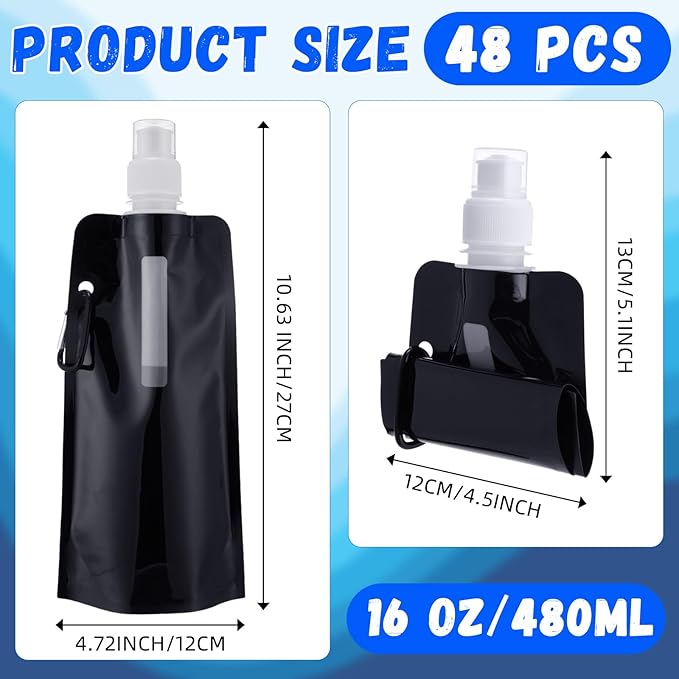 Teenyyou 48 Pack Collapsible Water Bottles Bulk 16oz Foldable Water Bottles with Carabiner Reusable Drinking Leak Proof Container Bags for Sport Biking Hiking Camping Travel Outdoor (Black)