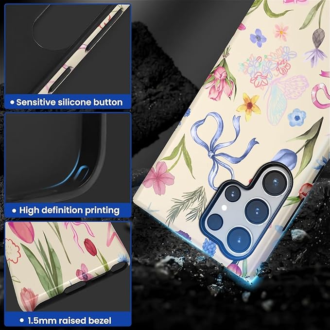 for Samsung Galaxy S24 Ultra Case,HL2 Aesthetic Flower Preppy Collage Hybrid 2 Layer Hard Shell Silicone Protective Pattern Design Case