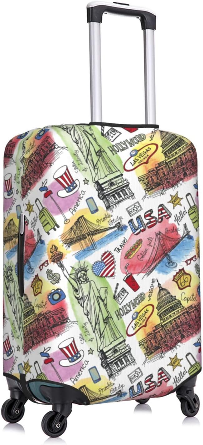 USA Landmarks Print Elastic Luggage Cover, Suitcase Protector For Travel (Fits 18-21 Inch Luggage)