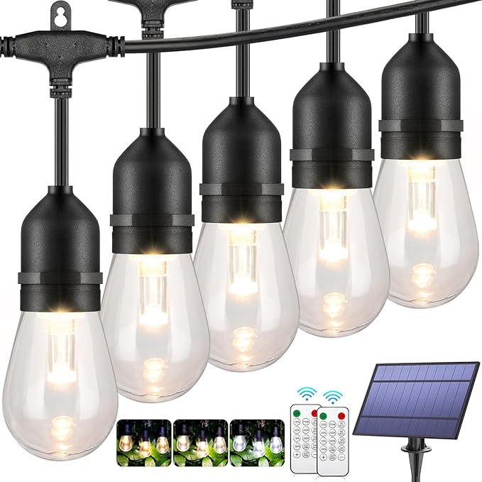 Mlambert 3-Color in 1 Solar String Lights Outdoor Waterproof Dimmable, 48ft Remote LED Patio Lights,15 Hanging Sockets Shatterproof Light for Backyard