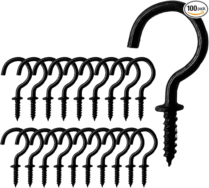 Set of 100 Nickel Plated Metallic Black Cup Hooks Small Hooks, 1/2 Inch Delicate Size, Threaded Ceiling Hooks, Plant Hooks, Kitchen, and More Multi-Purpose in One