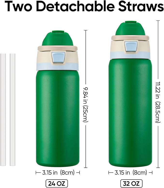 Fijinhom 32 oz Insulated Water Bottle with 2-in-1 Straw and Spout Lid, Stainless Steel Double Wall Vacuum Flask, Sports Water Bottle Keeps Cold 24H, Leak Proof for Gym, Outdoor, Travel (Green)