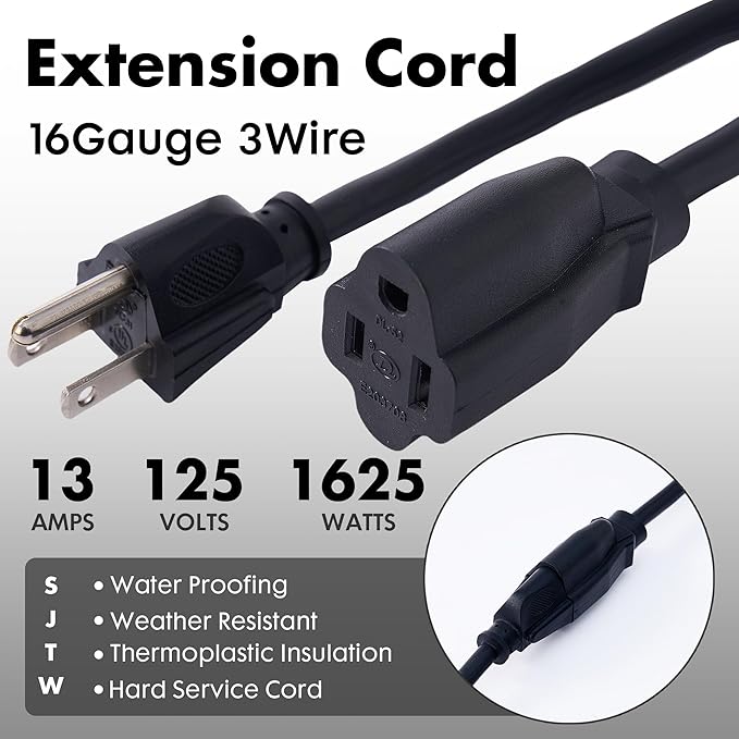 1ft Black Extension Cord Waterproof, UL Listed, 16/3 SJTW Heavy Duty 3 Prong, 16 Gauge 13A Power Cord Ideal for Lights, Appliances, and Lawn