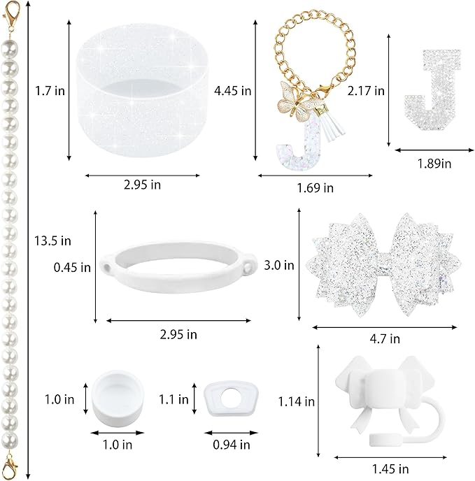 9PCS White for Stanley Cup Accessories Set Bling Initials Bow Charms for Stanley Decorations 30/40 Oz Tumbler Accessories Including Bow Straw Topper, Handle Strap, Spill Stopper（Letter J）