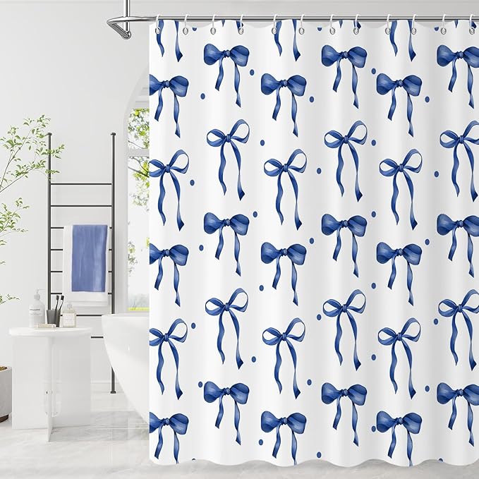 Navy Bow Shower Curtain, Navy and White Modern Aesthetic Bowknot with Polka Dot Cute Girly Bathroom Curtain Waterproof Fabric Machine Washable with Hooks, 48" Wx72 L
