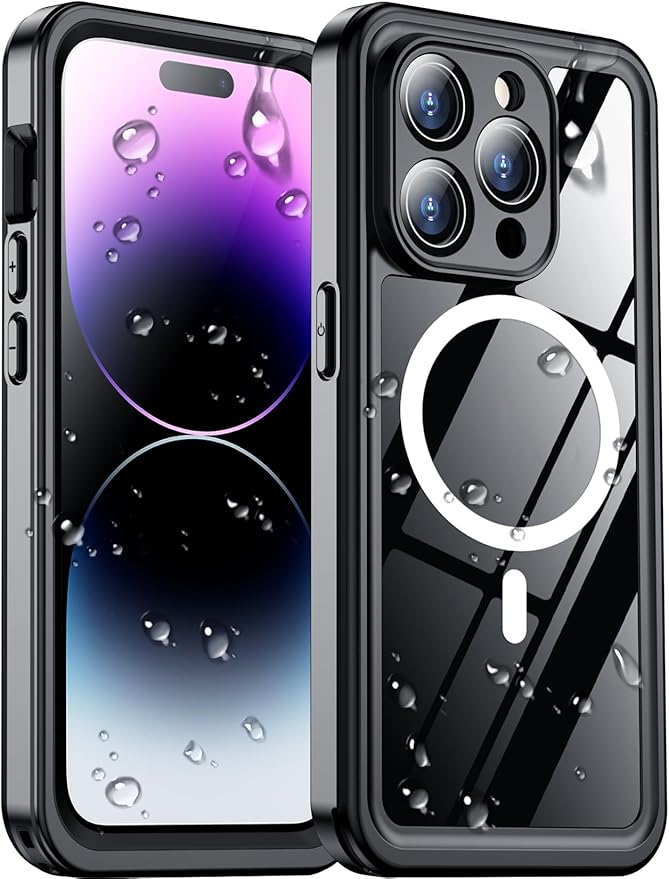 Temdan Compatible with iPhone 14 Pro Max Case Waterproof, Built-in Screen & Camera Protector IP68 Underwater Full Body 14FT Military Dropproof Shockproof Phone Case 6.7"-Black/Clear-Mag