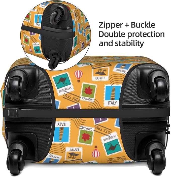 World Map & Stamps Print Elastic Luggage Cover, Suitcase Protector For Travel (Fits 22-24 Inch Luggage)