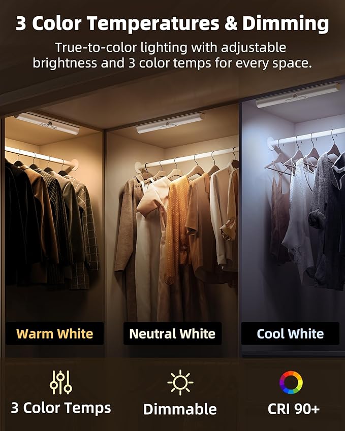 EZVALO 13-inch Motion Sensor Closet Lights, 2 Pack Rechargeable LED Lights with Rotatable Sensor, Glare-Free, 3 Color Temps & Dimmable, Magnetic Cabinet Lighting for Closet, Pantry, Stairs