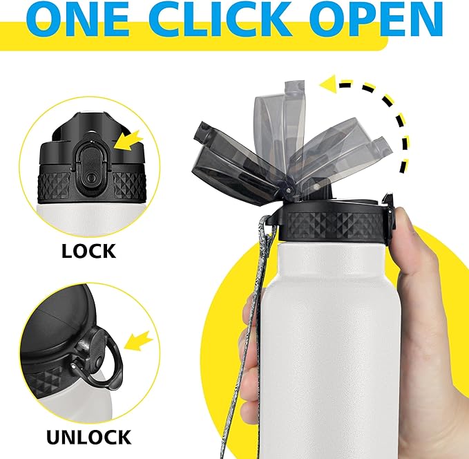 Han's Bottle Sports Water Bottle - 32 Oz, Straw Lid, Leak Proof, Vacuum Insulated Stainless Steel, Double Walled, Thermo Mug,White & Black
