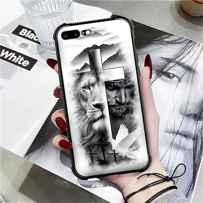 Case for iPhone 7 Plus/8 Plus, Lion Cross Jesus Christ Dove Pattern, Soft Silicone Hard Acrylic for Shock Protection