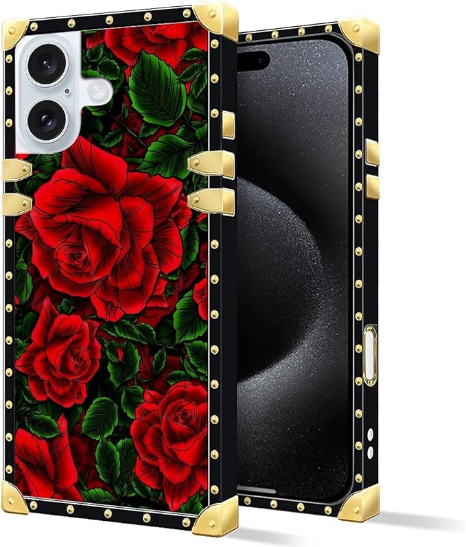 Compatible with iPhone 16 Case, Vector Red Rose Green Leaf Luxury Golden Decoration for Girl Women Soft TPU Shockproof Protective Hard PC Back