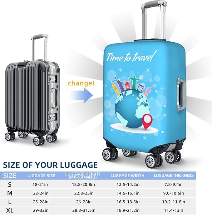 Travel Luggage Cover with Time to Travel Print, World Landmarks Design, Elastic Suitcase Protector for Suitcases (Fits 22-24 Inch Luggage)