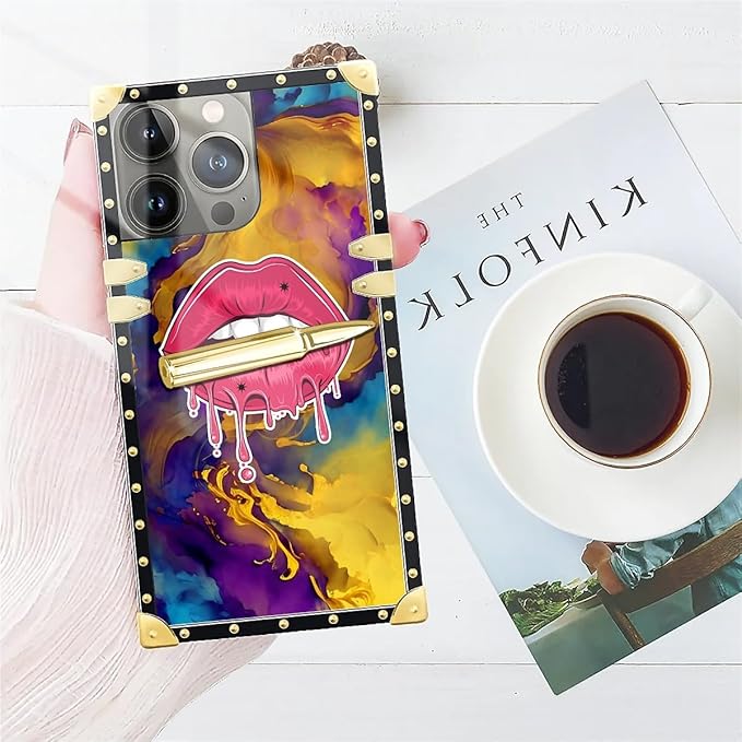 Compatible with iPhone 15 Pro Max Case, Cool Corlorful Lip Marble Luxury Golden Decoration for Girl Women Soft TPU Shockproof Protective Hard PC Back for iPhone 15 Pro Max