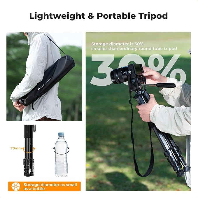 K&F CONCEPT Camera Tripod, 75" Lightweight Portable Travel Outdoor DSLR Tripods for Camera Phone Video Recording Tripod Stand, Cellphone Clip for Smartphone Live Streaming Vlog, Black