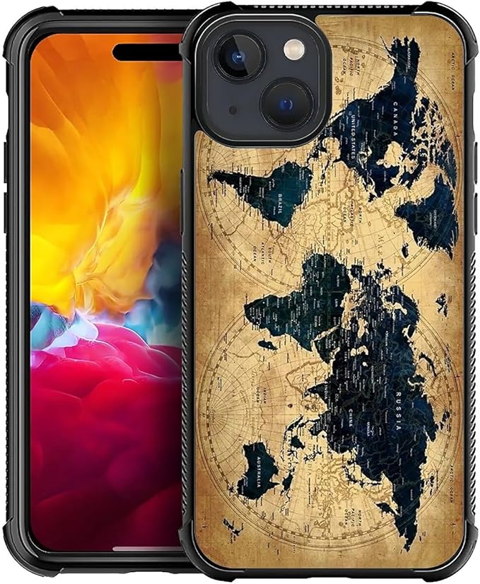 for iPhone 15 Case, Brown World Map Pattern Graphic Design Girl Boy Soft Silicone Hard Acrylic Shock Protection for iPhone 15
