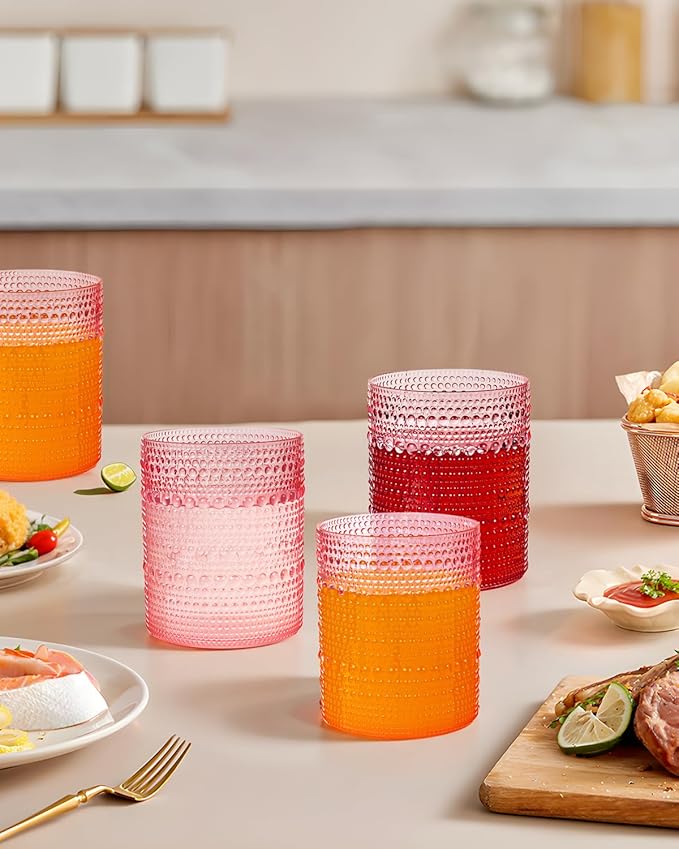 YOUBET 24PCS Plastic Drinking Glasses - 14OZ Pink Hobnail Drinkware Glasses - Vintage Glassware Textured Beaded Cups for Water, Beer, Whiskey, Juice and Various Mixed Drinks Mothers Day