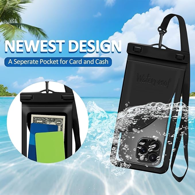 Waterproof Phone Case, with Inside Card Bag, Waterproof Phone Pouch for iPhone, Cell Phone Dry Bag for Cruise Travel Vacation Accessories Large Phone Holder, 2 Pack-Black