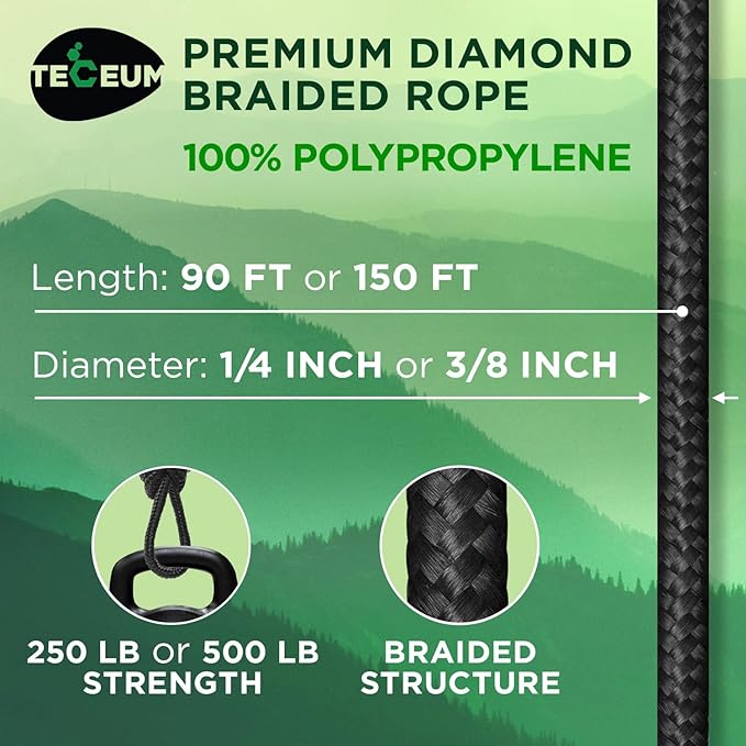 TECEUM Rope – 90 Feet x 3/8 Inch (10mm) – Black – Strong All-Purpose Utility Rope – Camping, Crafting, Flag Pole, Indoor & Outdoor – Polypropylene Nylon Poly Lightweight Diamond Braided Cord