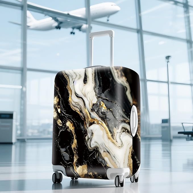 ANNA QUEEN Black White Gold Marble Luggage Cover- Stretchable, Water Resistant & Durable Suitcase Protector, Universal Washable Fit for 20-22 Inch Checked Baggage