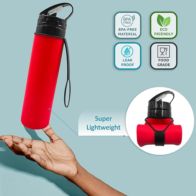Collapsible Water Bottles 20oz, Odorless BPA-Free Silicone, Leak-Proof Foldable Reusable Bottle - Perfect for Cruise Travel Sports Gym Hiking Camping Cycling - Red