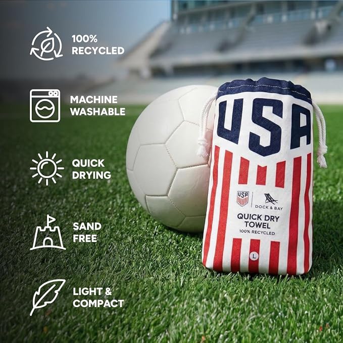 Dock & Bay Beach Towel - Quick Dry, Sand Free - Compact, Lightweight - 100% Recycled - Includes Bag - U.S. Soccer - Large (160x90cm, 63x35)