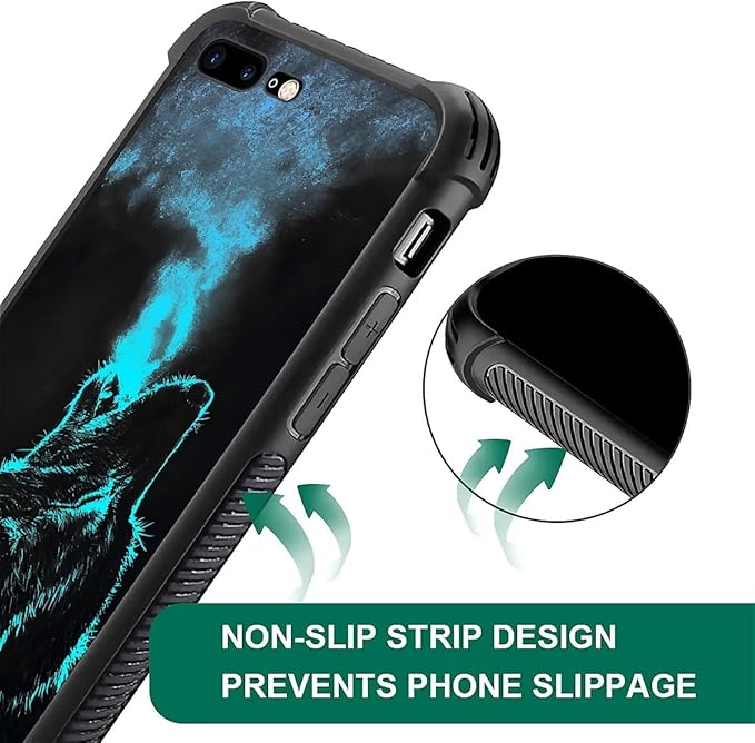 for iPhone 7 Plus/8 Plus Case, Blue Breathing Wolf Pattern Graphic Design for Girl Boy, Soft Silicone Hard Acrylic Shock Protection