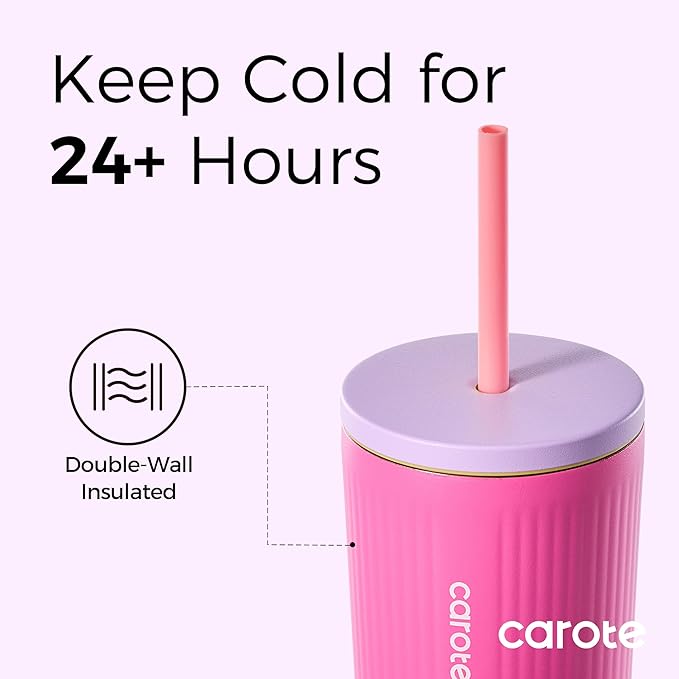 CAROTE 19 oz One-Click Open Insulated Water Bottle & 21 oz Tumblers with Lid and Straw, Double-Wall Insulated Stainless Steel, Leakproof Lid with Handle, Essential for Travel, School(Rose Pink)