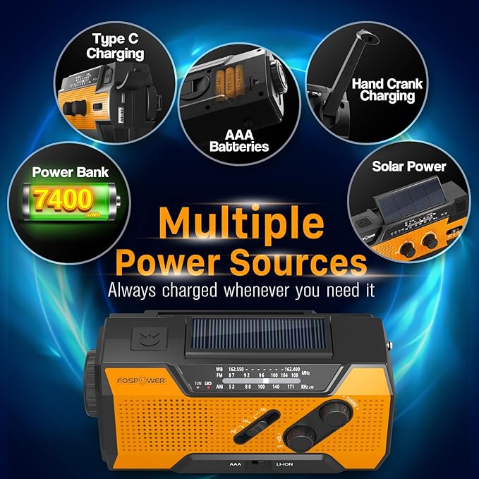 FosPower NOAA Emergency Weather Radio A1 7400mWh Portable Power Bank, AM/FM, USB/Solar/Hand Crank Charging, Battery Operated, SOS Alarm & Flashlight for Indoor/Outdoor Emergency - Orange