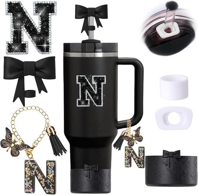 6pcs Black Stanley Cup Accessories Set, Bow Straw Topper for Stanley Cup 30oz 40oz, Including Straw Topper and Bow Silicone Boot, Stoppers Spill Proof, Handle Charm, Initials Sticker