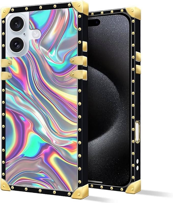Compatible with iPhone 16 Plus Case, Holographic Abstract Iridescent Textures Luxury Golden Decoration for Girl Women Soft TPU Shockproof Protective Hard PC Back