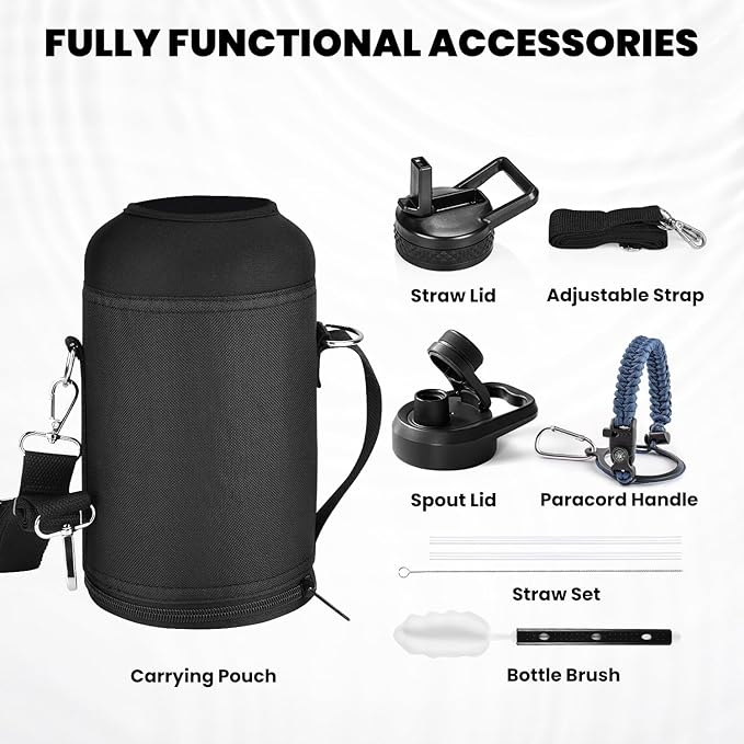 RAYMYLO Insulated Water Bottle 64 oz, Triple Wall Vacuum Stainless Steel (Cold for 48 Hrs), Leak Proof & Non-BPA, Half Gallon Water Flask Jug with Paracord Handle & Straw Spout Lids, Navy Blue